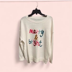 Festive White Sweater with Colorful Design— “Merry & Bright”
